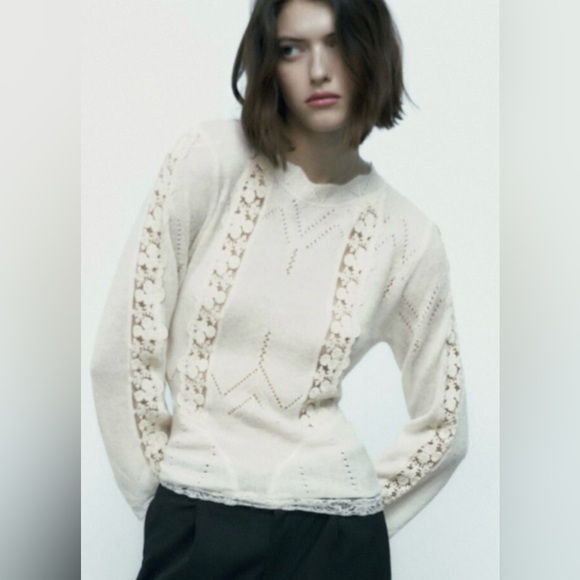 ZARA Pointelle Open Knit Crewneck Lace Details Sweater in Cream - Picture 2 of 10